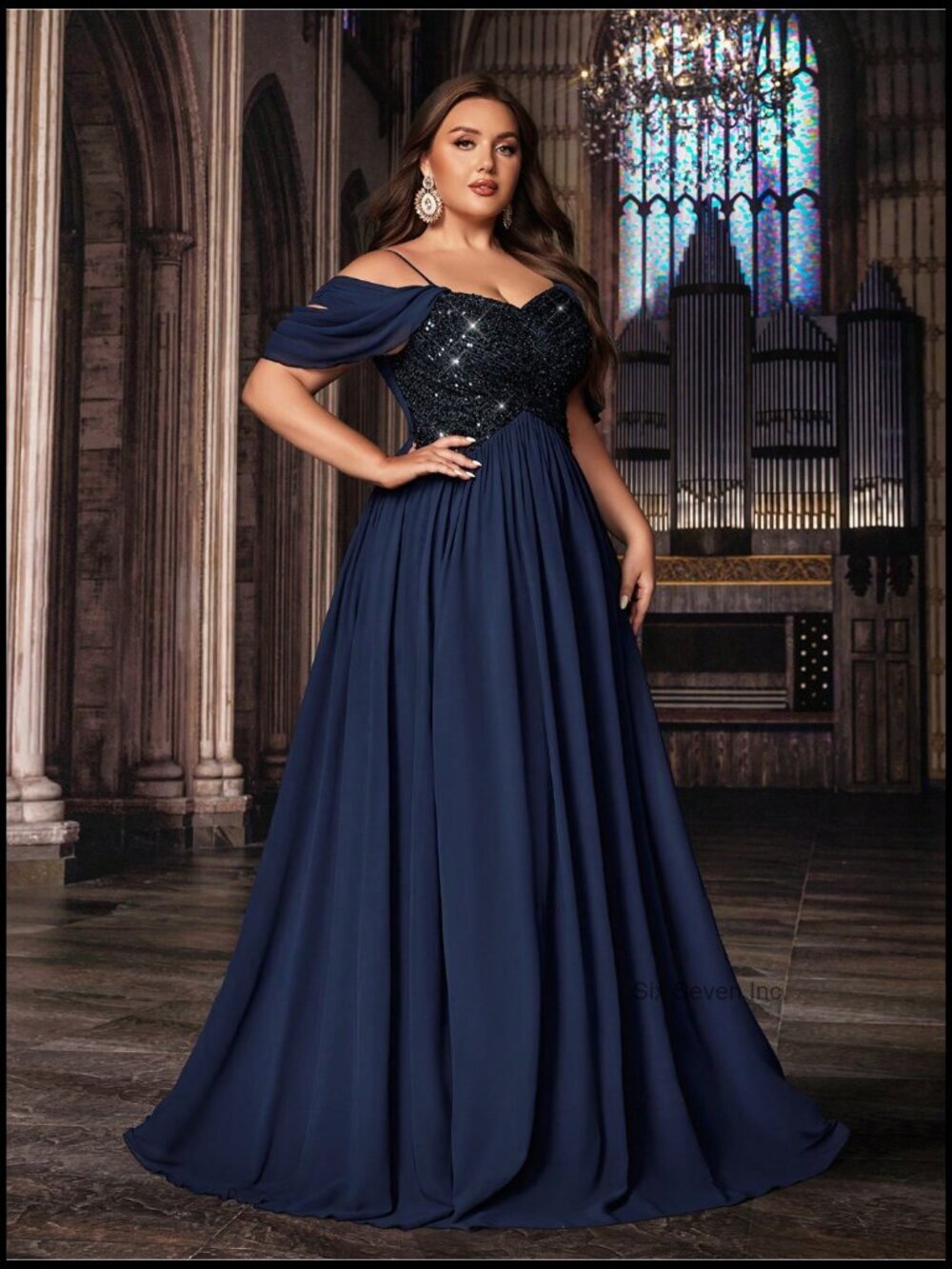 Plus Size Sequin A-Line Maxi Dress with Spaghetti Straps Formal Prom Wedding - Picture 7 of 7